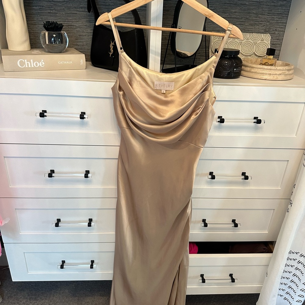 Revelry Gold Asymmetrical Maxi Gown